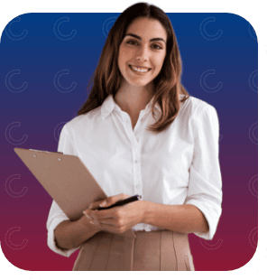 Mulher com uma prancheta e uma caneta na mão